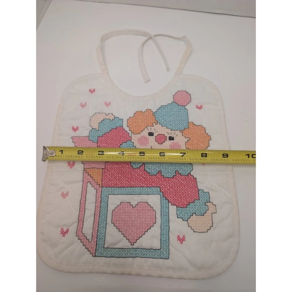 Vintage Handmade Cross Stitch Baby‎ Bib Clown Heart Nursery Cottagecore Tie Back